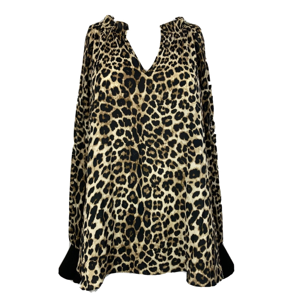 Laundry Shelli Segal Shirt Womens‎ M Beige Black Leopard Pintuck Pleat Tunic Top